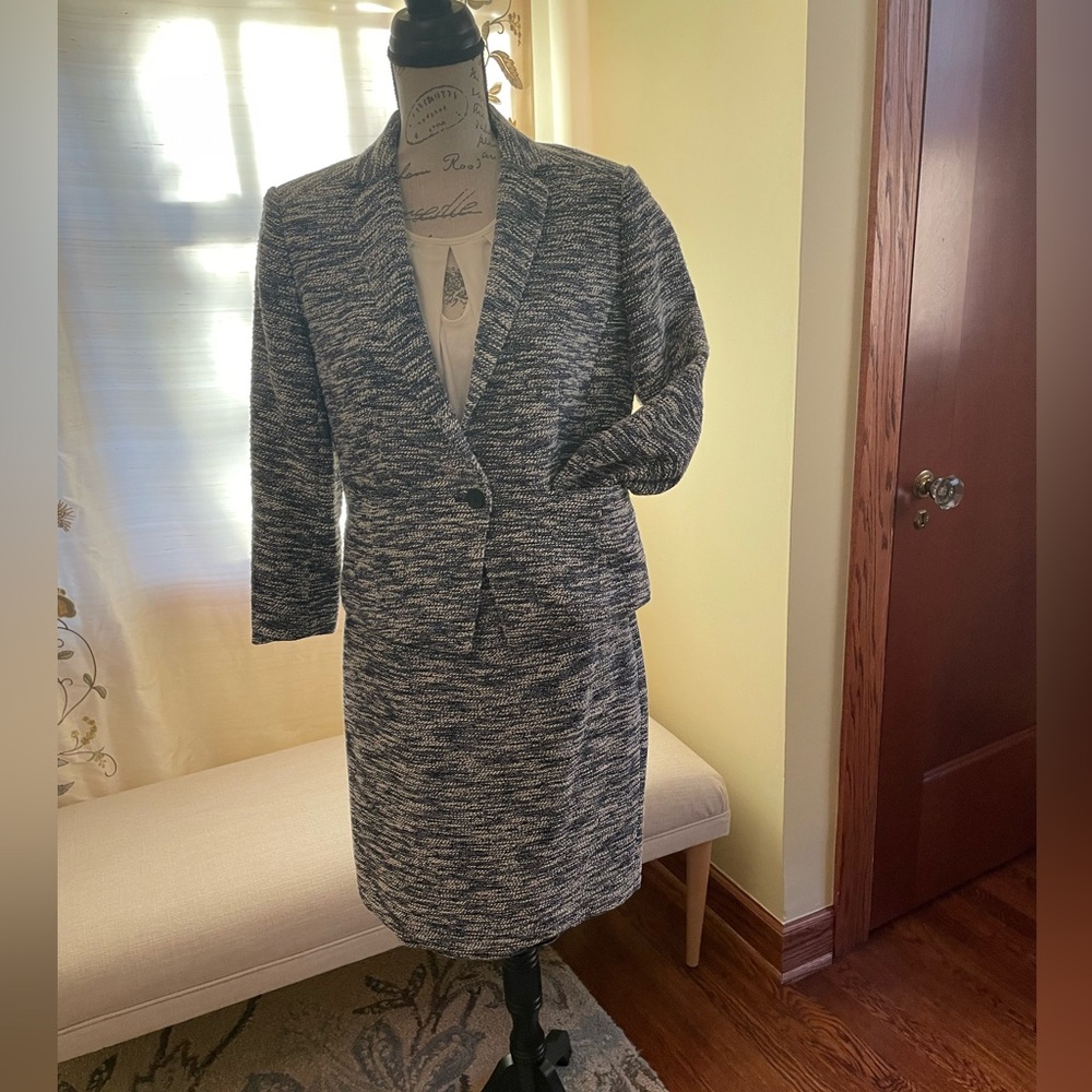 Ann Taylor Blue and Cream Tweed Classic Skirt Suit